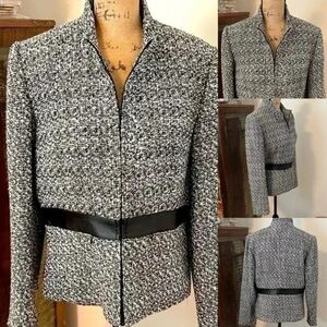 Black and White Tweed Jacket with Faux Leather Trim - Size